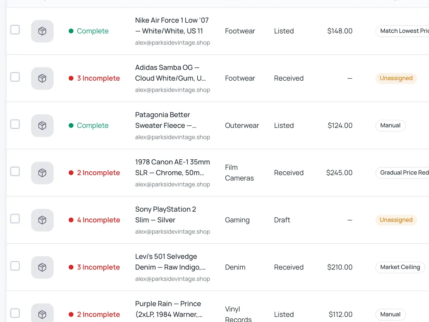 Instica inventory — one clean table across every channel you sell on