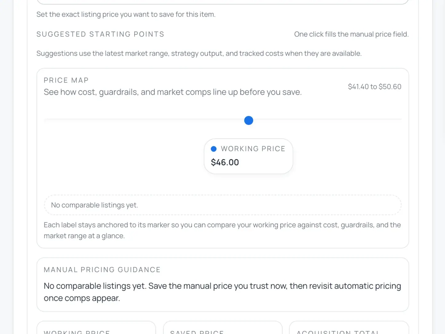 Instica pricing panel showing a guardrail price range, a working price and a note that no comparable listings were found