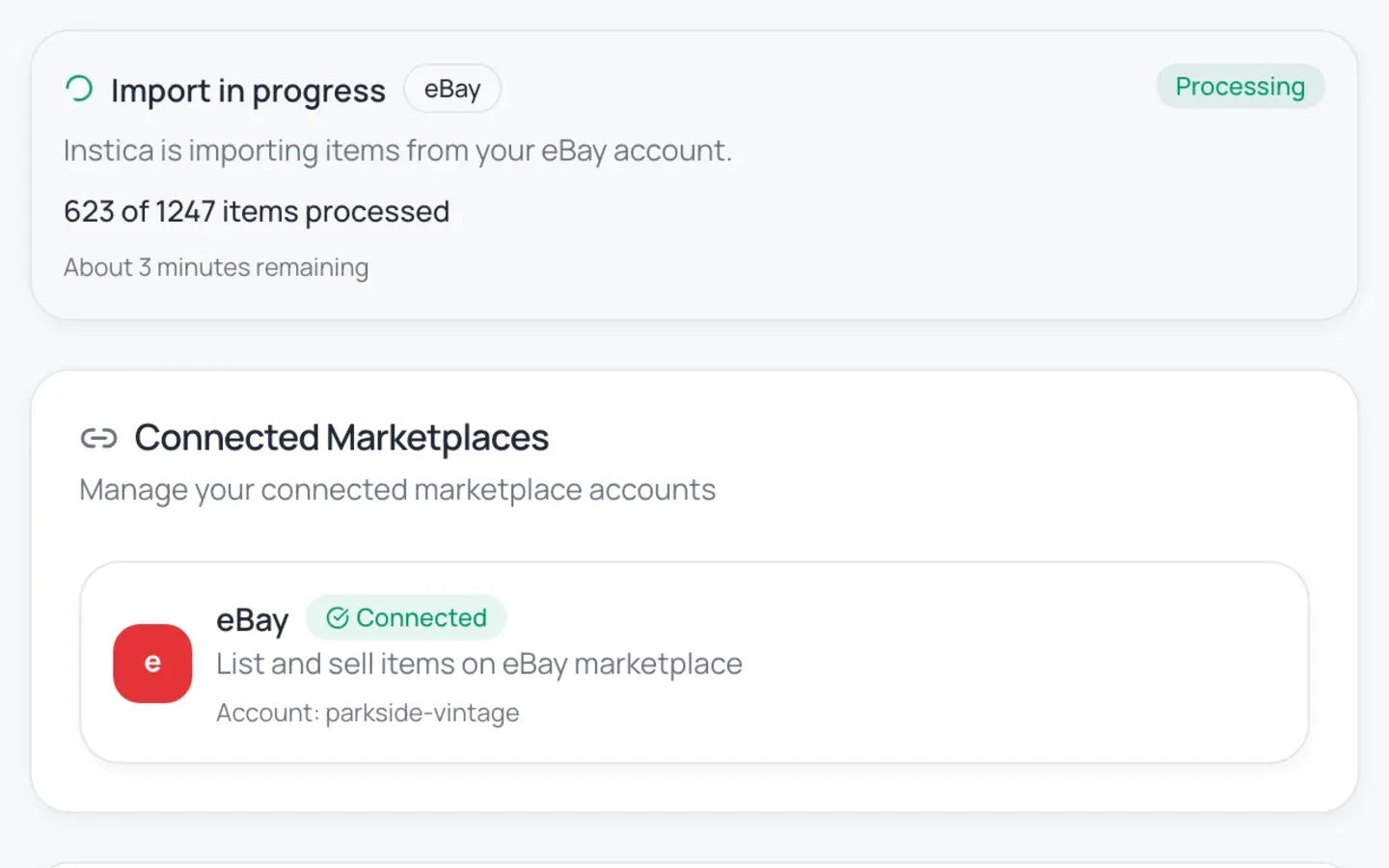 eBay import in progress — Instica importing 1,247 items from your account