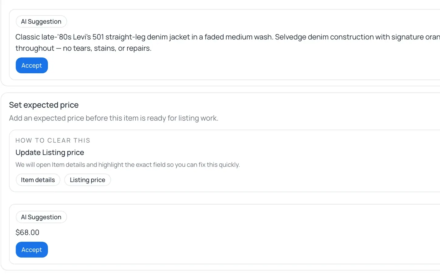 Instica listing draft showing an AI-suggested title, condition notes, and a suggested price before publishing