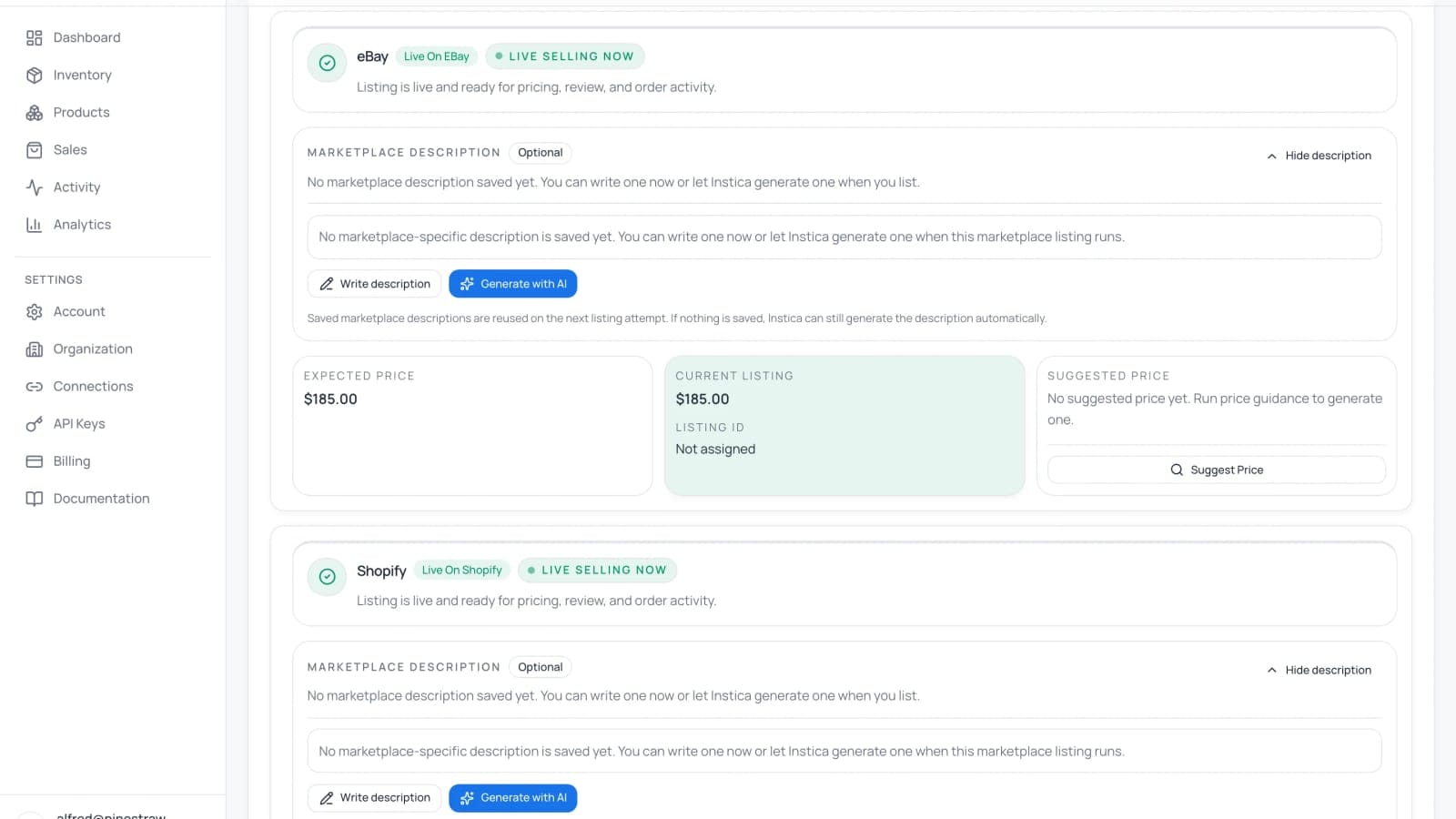 A single inventory item shown live on two marketplaces at once, with matching price and availability