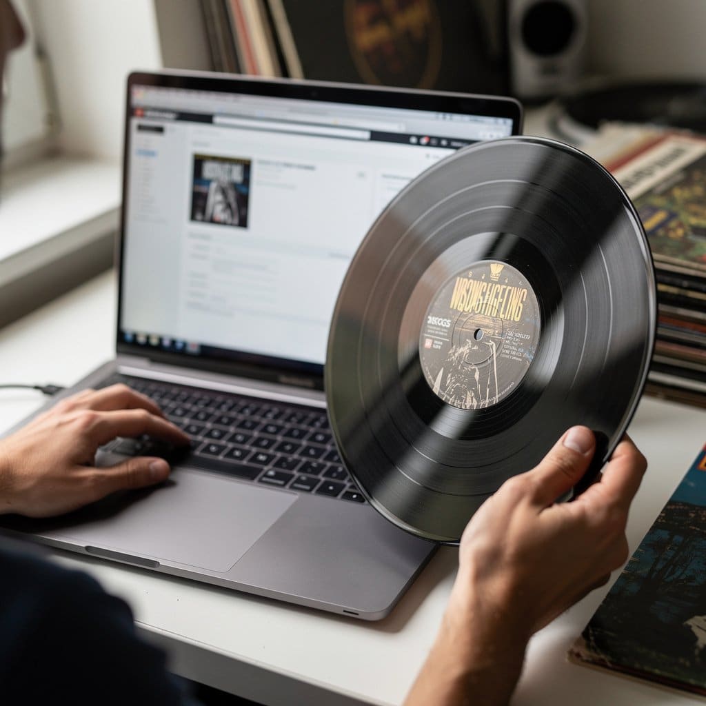 A close-up of a vinyl record label being compared against a Discogs release page on a laptop screen, matching catalog numbers
