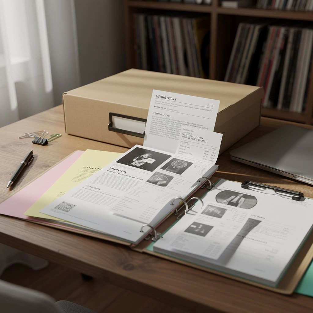 A neatly organized filing system showing printed copies of listing details, condition notes, and photos stored alongside shipping records