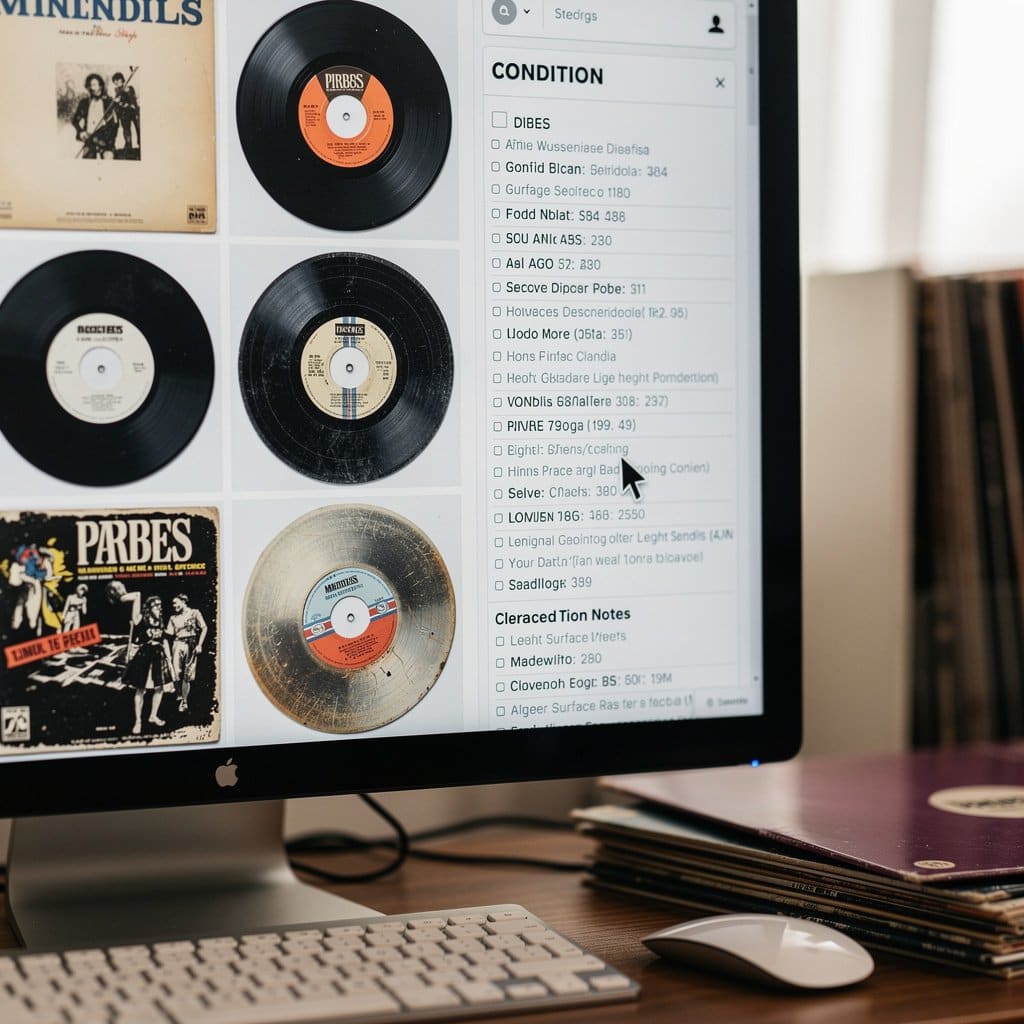 A close-up of a Discogs listing showing detailed condition notes next to photos of specific record details