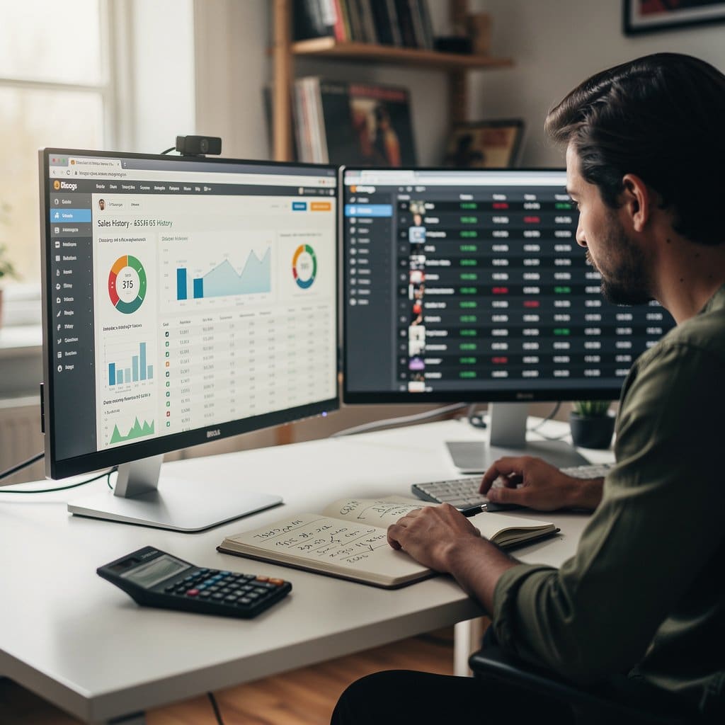A person at a desk comparing sales data from Discogs on one screen and their own inventory records on another, with a notebook for calculations