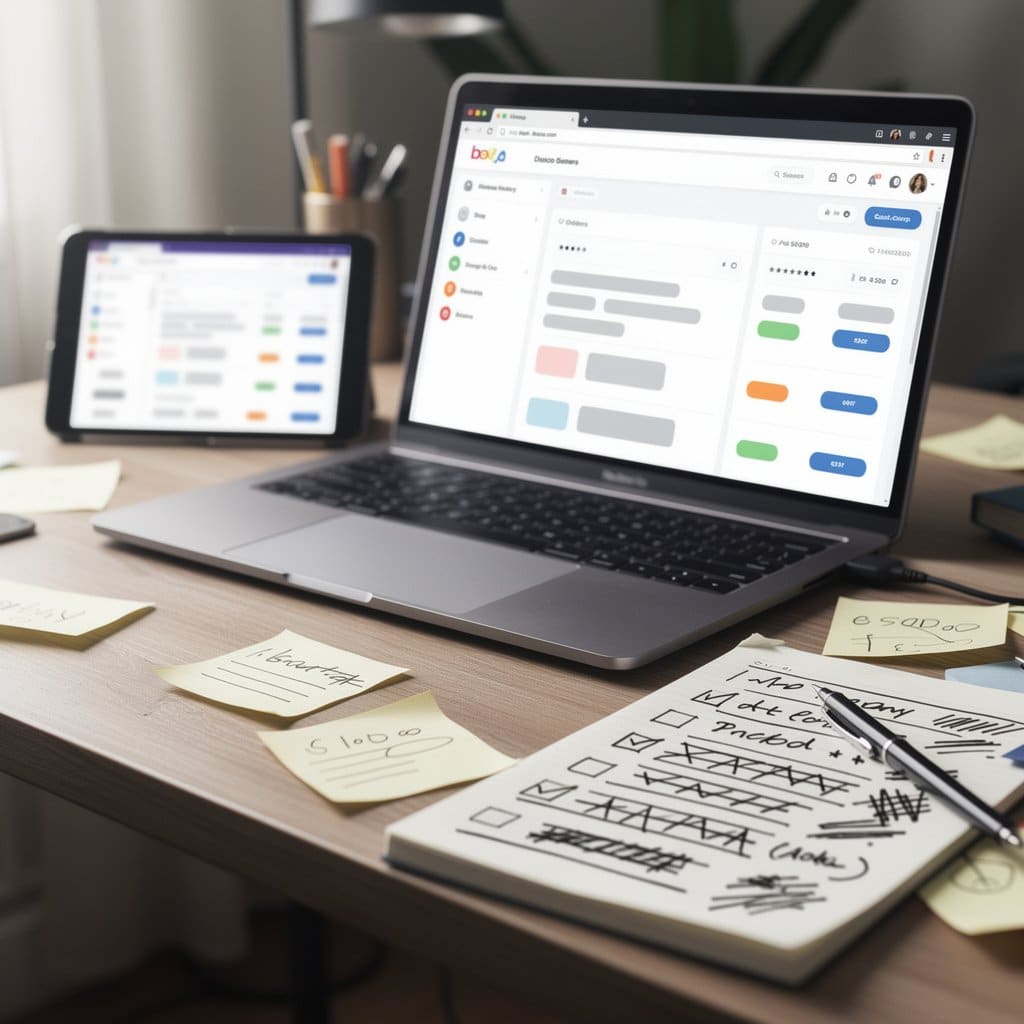 A desk with multiple laptop tabs open showing Discogs and eBay seller dashboards, with a notepad full of crossed-out item names