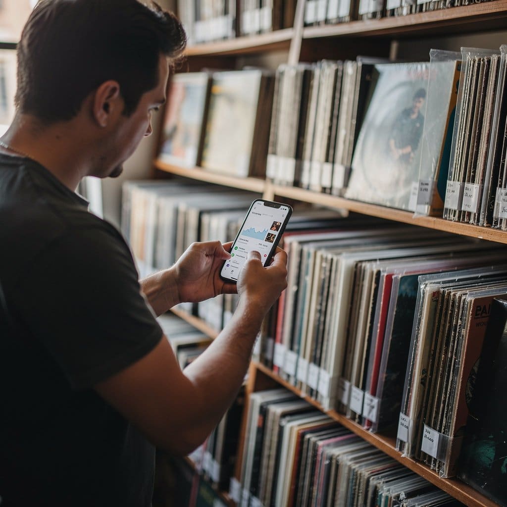 A person checking vinyl record prices on their phone while standing in front of shelving units filled with records in protective sleeves