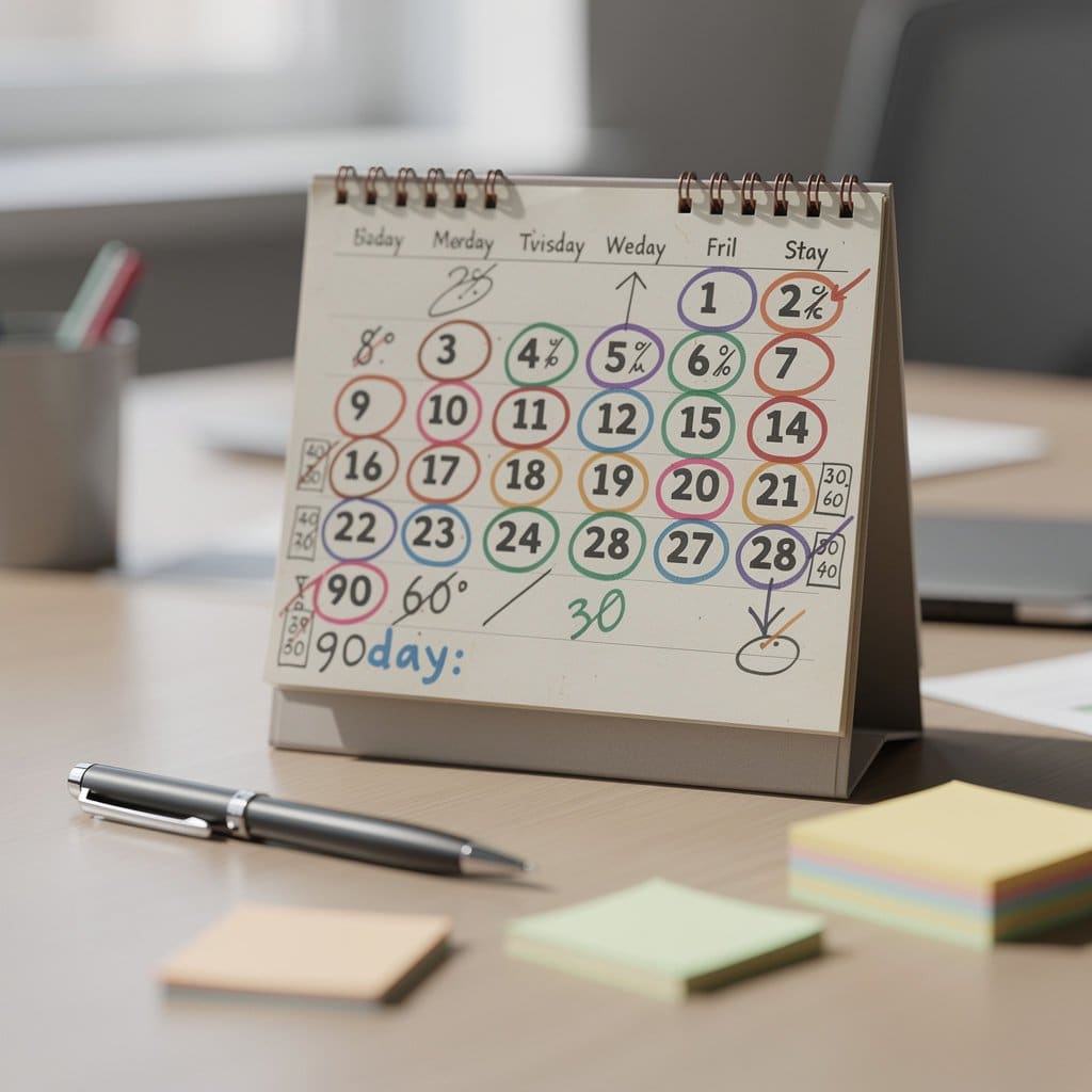 A calendar with dates circled at 30, 60, and 90 day intervals, with notes about repricing decisions written next to each