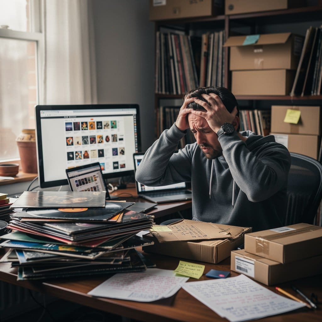 A seller working at a desk surrounded by records and multiple browser tabs open on Discogs, looking overwhelmed