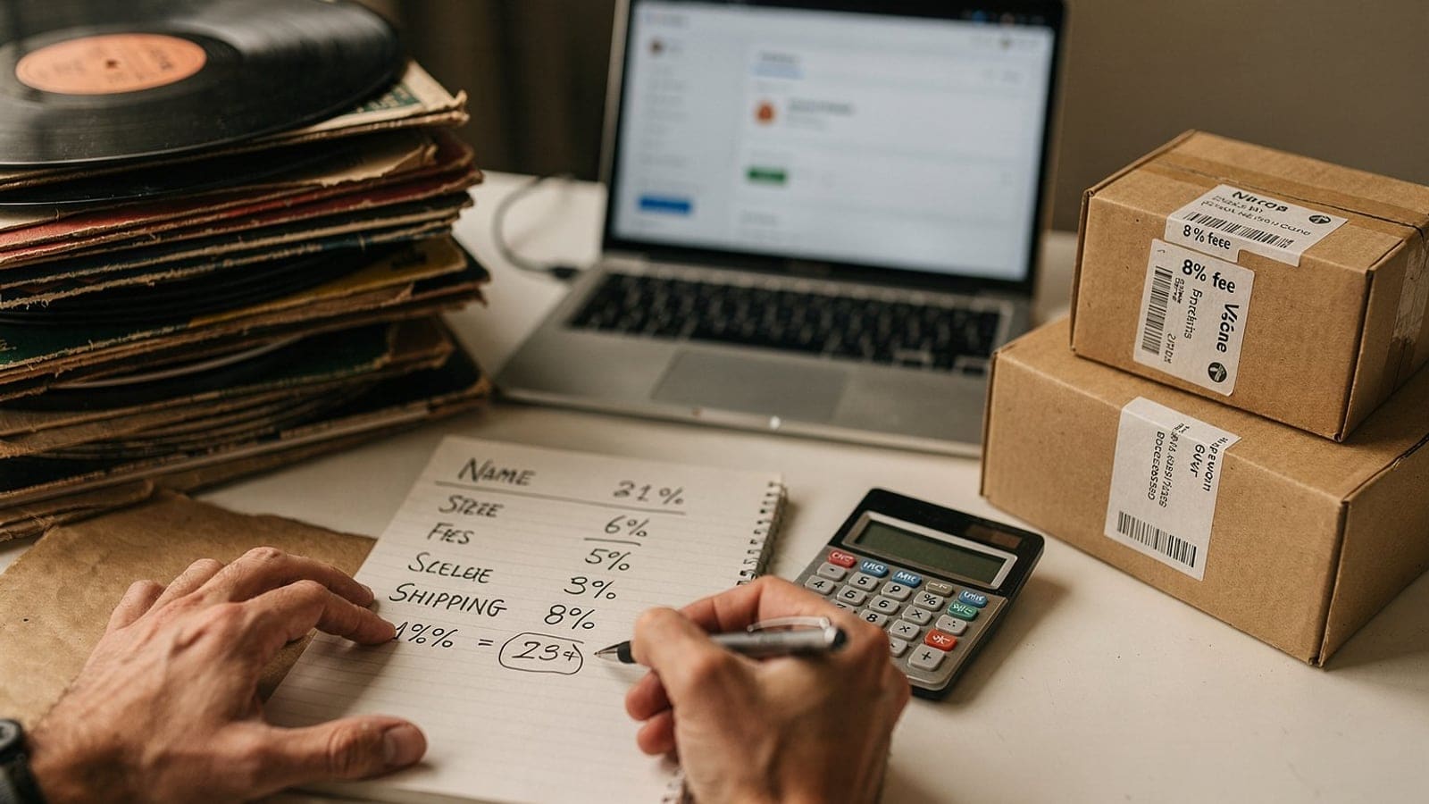 Record seller reviewing marketplace fees and net profit