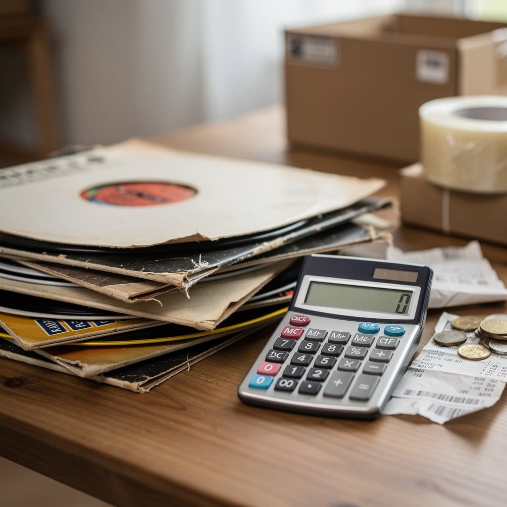 A pile of common budget records next to a calculator showing the tiny net profit per sale, illustrating the time-value problem