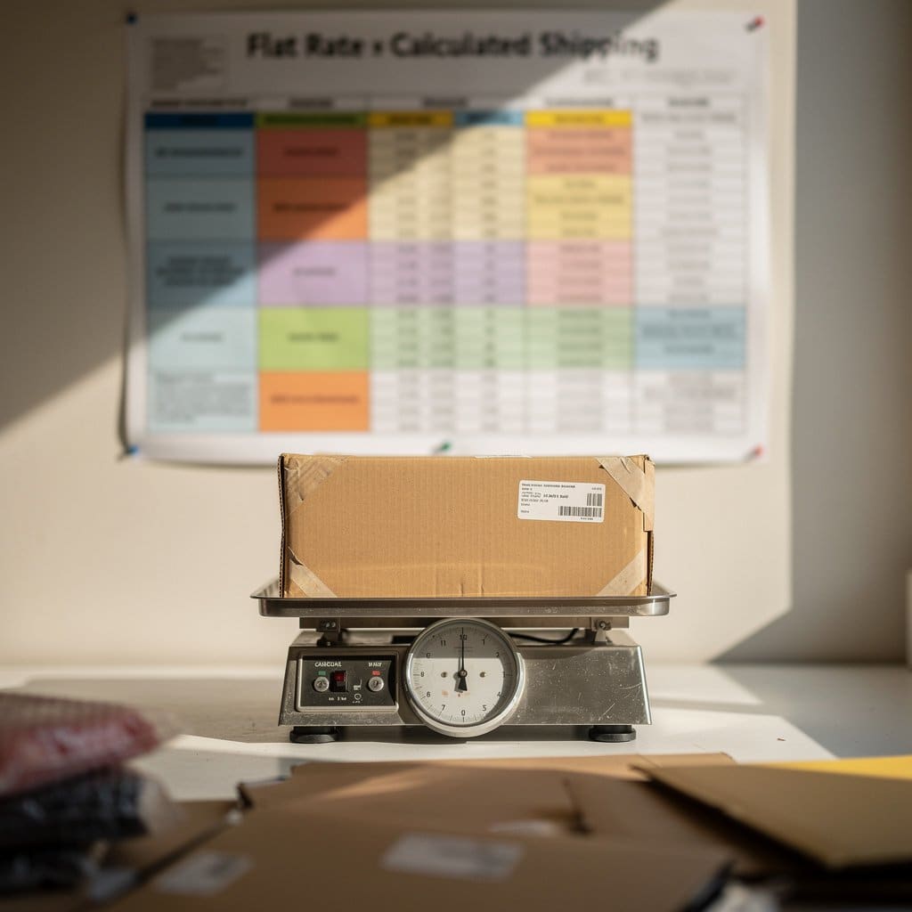 A scale weighing a vinyl mailer with a shipping rate chart for different international regions pinned on the wall behind it