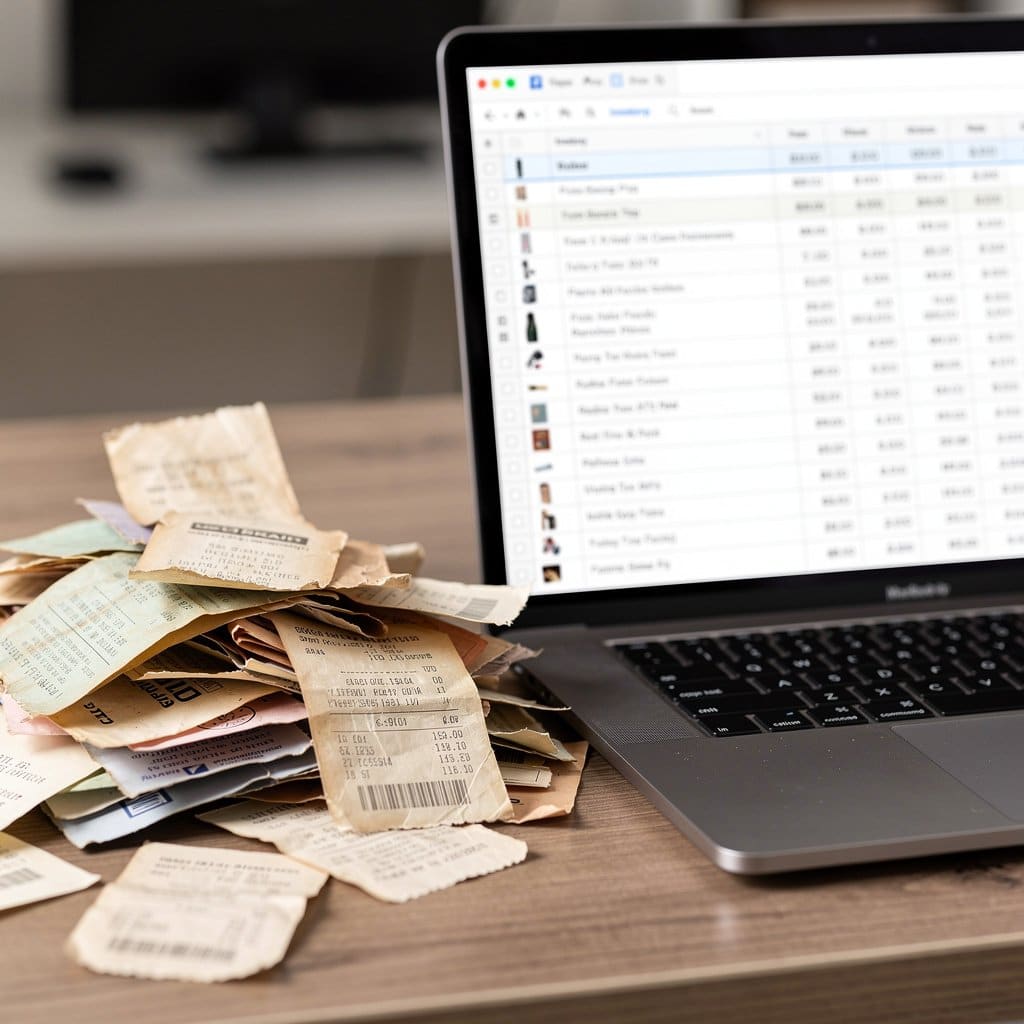 A photo of a stack of thrift store receipts next to a laptop showing a tidy inventory log with each item's purchase price entered