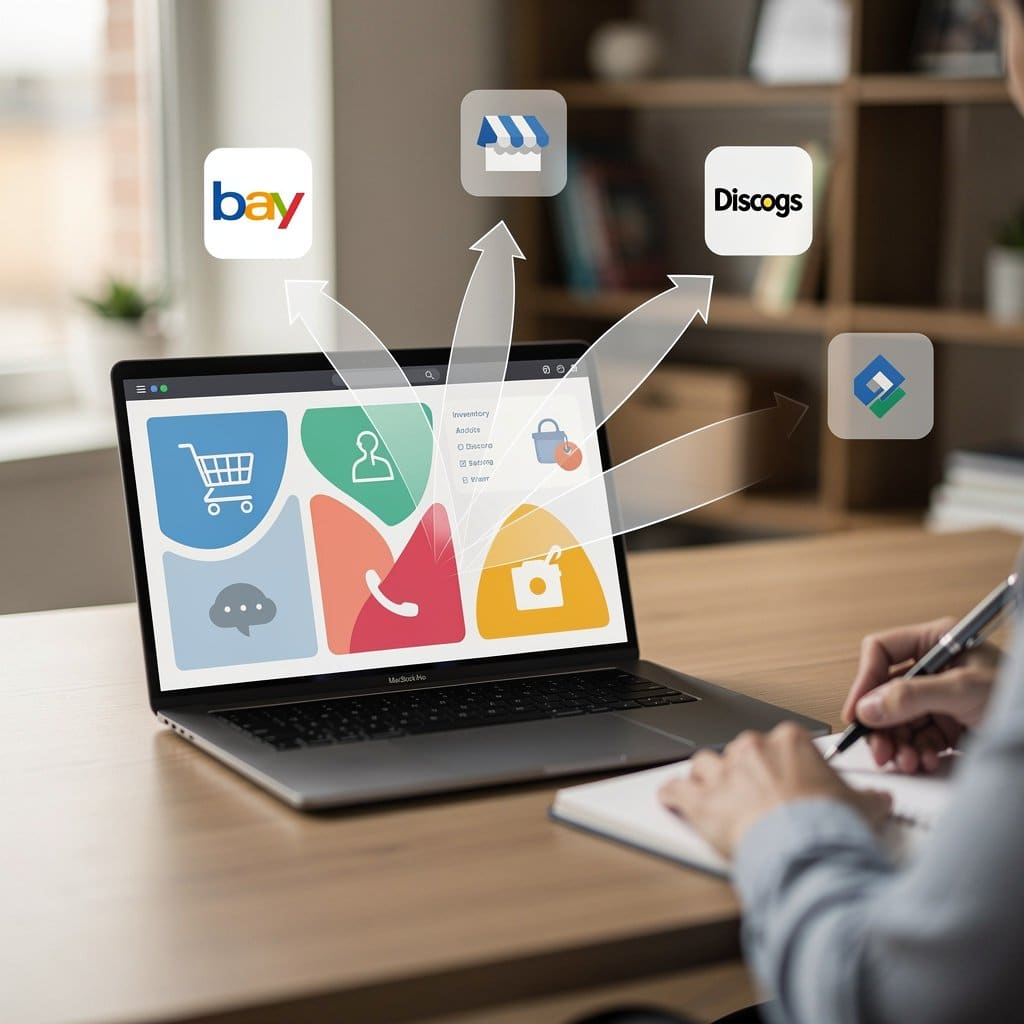 A visual showing a centralized inventory hub with arrows connecting to eBay, Discogs, and other marketplace icons