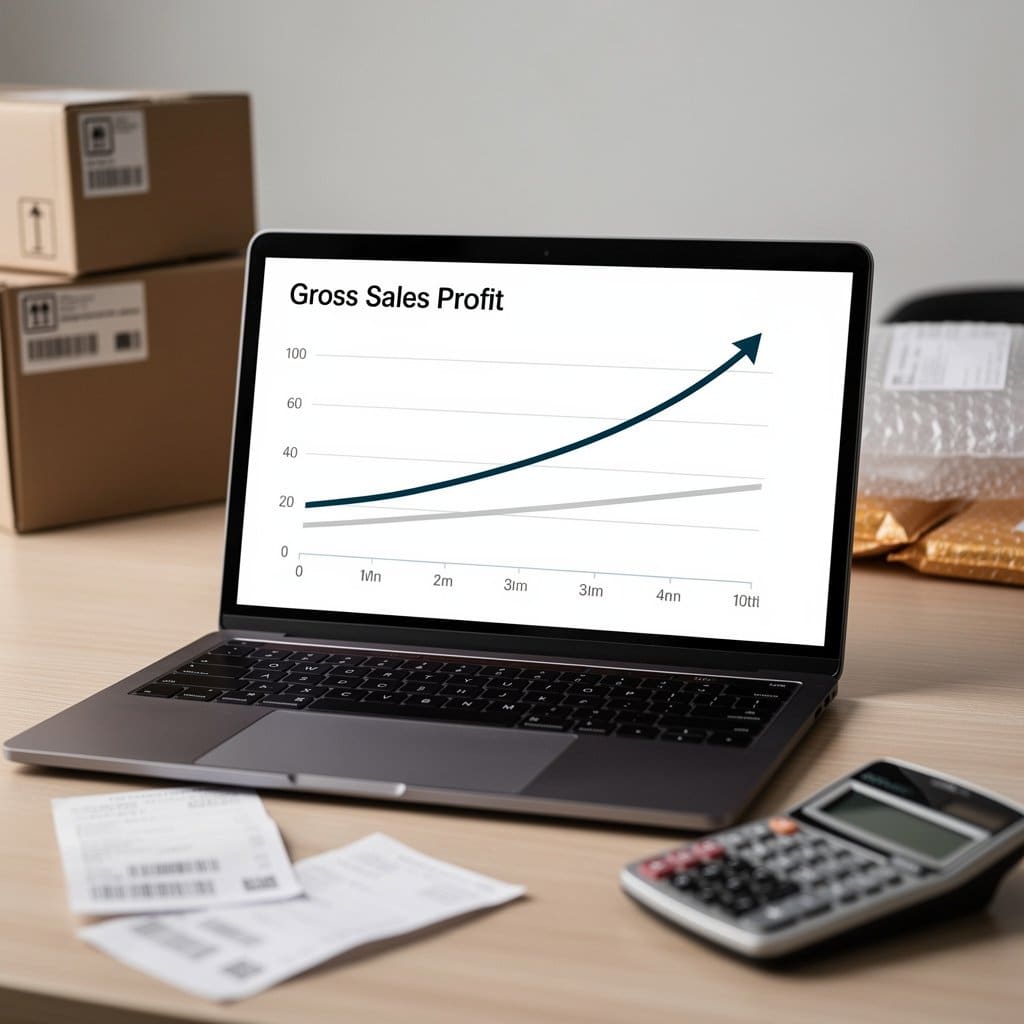A line graph showing gross sales trending upward while net profit stays flat—the gap widening each month as fees and costs increase unnoticed