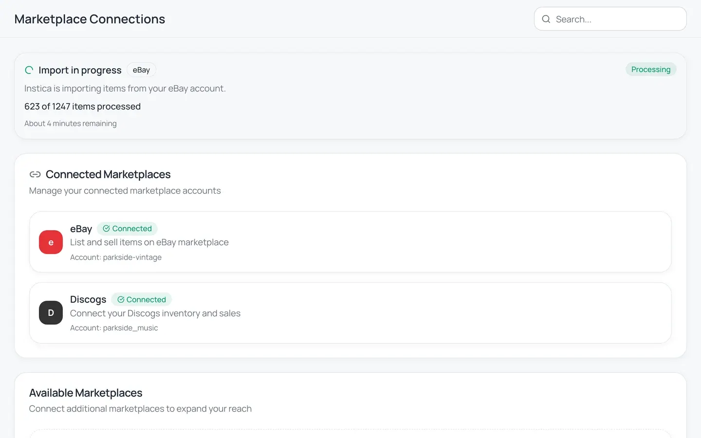Instica eBay import in progress — 623 of 1247 items processed, about 3 minutes remaining