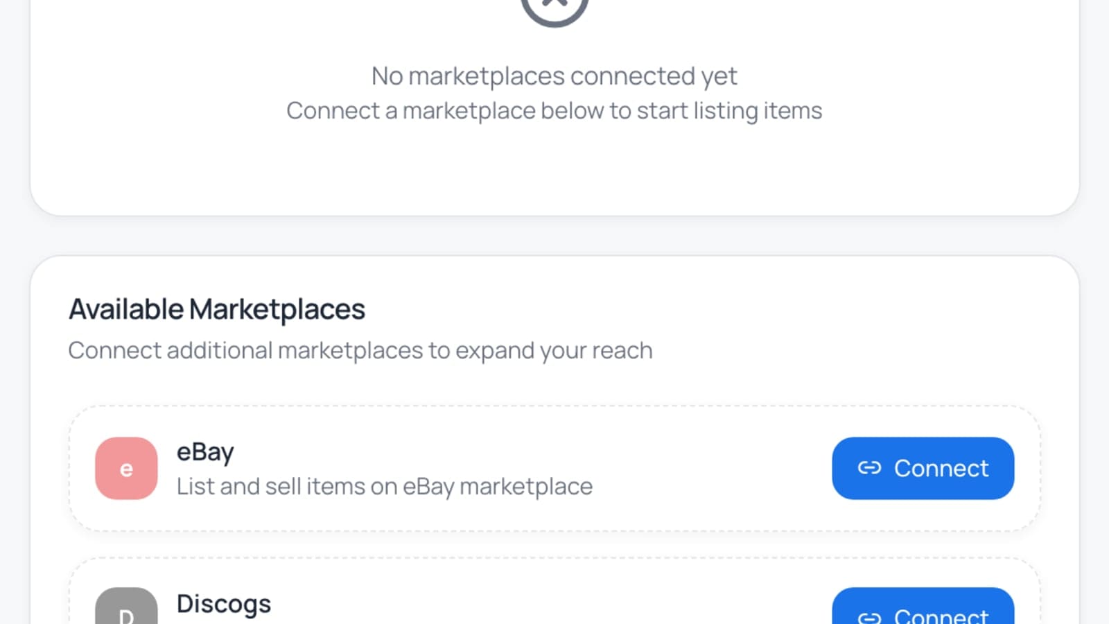 A marketplace connection screen with an eBay account being connected to a seller's inventory