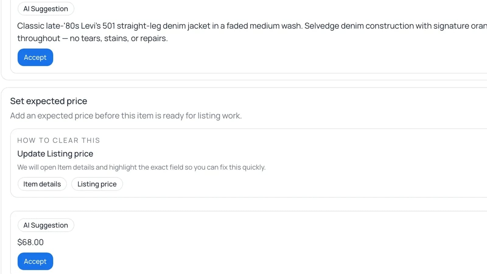 A listing draft showing a suggested description and a suggested price the seller can accept or edit before publishing