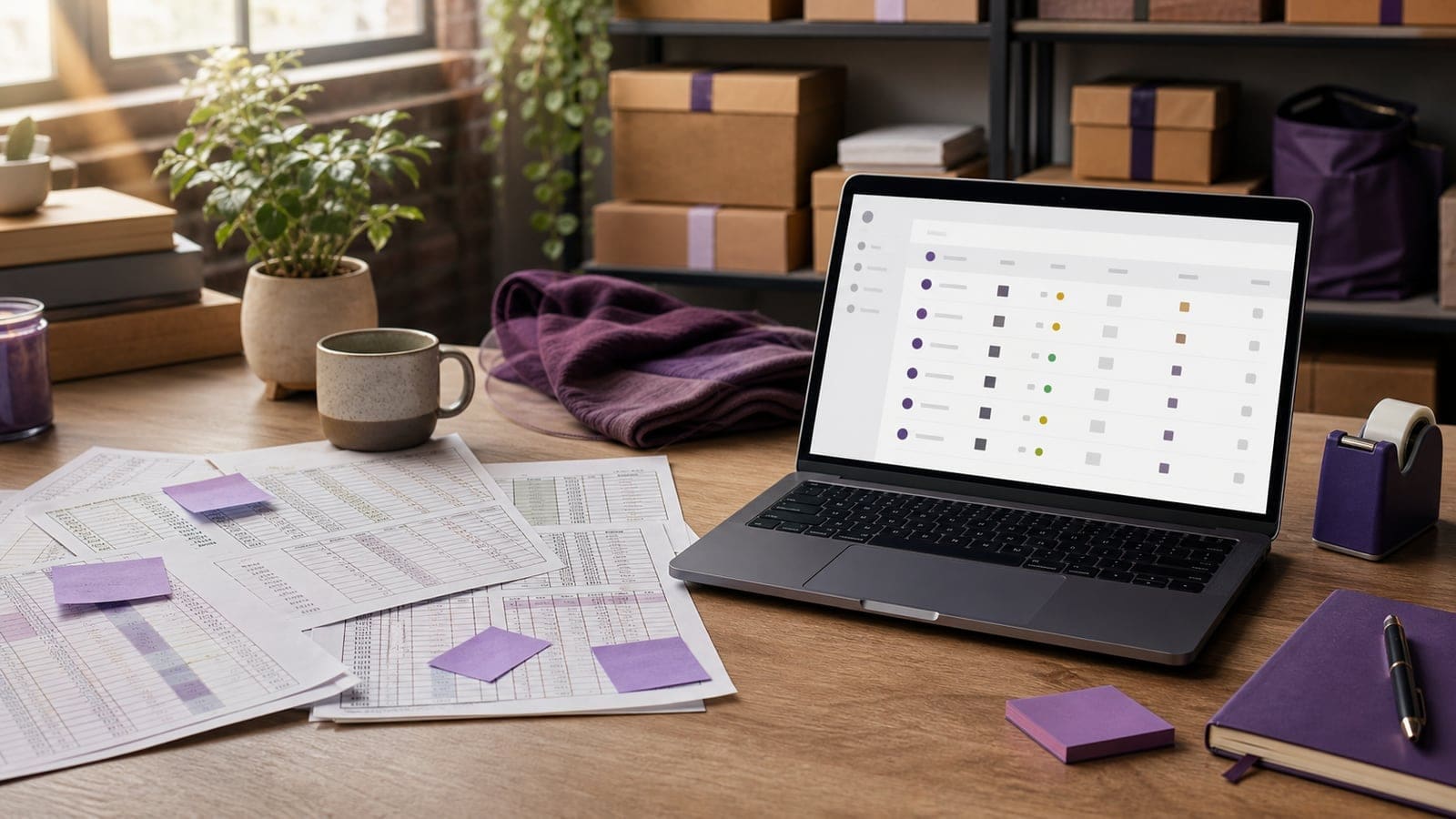 Printed inventory spreadsheets spread across a desk beside a laptop showing a structured inventory table